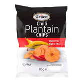 Grace Chilli Plantain Chips Salted, 85g, offer a tropical taste with images of plantain slices and red chili on the pack. Perfect for snacks, the bag highlights “Gluten Free” and “High in Fibre.”.
